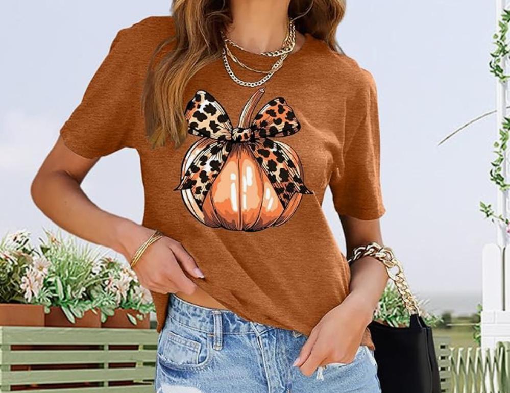 Pumpkin Leopard Bow Brown T-Shirt