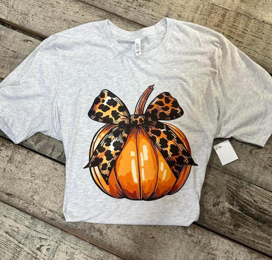 Pumpkin Leopard Bow Grey T-Shirt